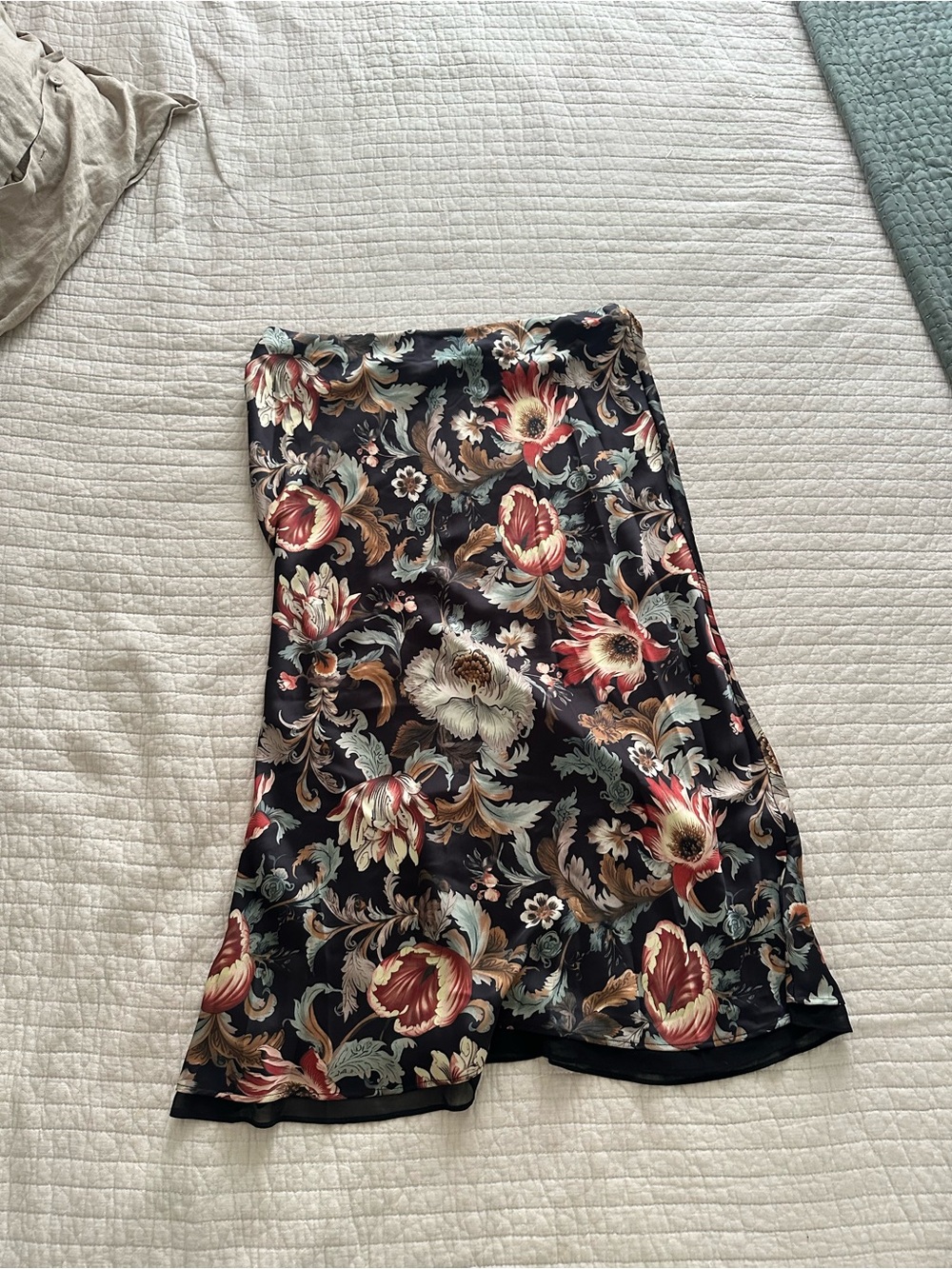 Tahari Black Floral Bias Midi Skirt with Red and Cream Blooms